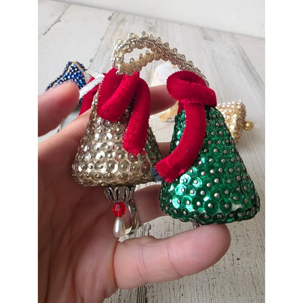 Vintage sequin push pin Bell ornament blue green